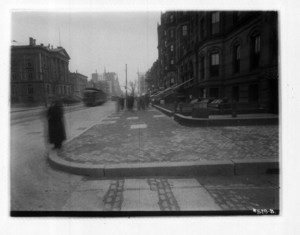 Sidewalk, corner Clarendon south side looking east, Boylston Street, Boston, Mass., January 2, 1913