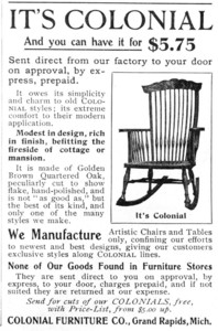 Trade advertisement for the Colonial Furniture Co. featuring a rocking chair, Grand Rapids, Michigan, April 1899