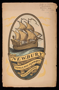 Newbury, a pattern of flatware made in sterling silver by the Towle Mfg. Company with some history of Newbury Massachusetts and its progenitor Newbury England, Towle Mfg Company, silversmiths, Newburyport, Mass.