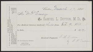 Receipt for Samuel L. Dutton, M.D., Dr., 22 Dartmouth Street, Boston, Mass., dated March 17, 1881