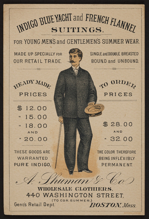 Trade card for A. Shuman & Co., wholesale clothiers, 440 Washington Street to corner Summer, Boston, Mass., ca. 1885