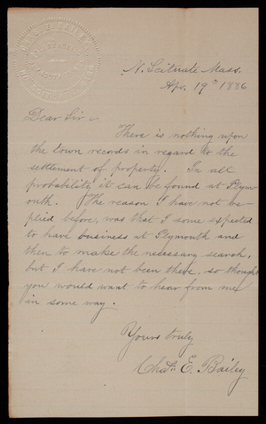 Charles E. Bailey to Thomas Lincoln Casey, April 19, 1886