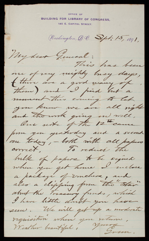 [Bernard R.] Green to Thomas Lincoln Casey, September 15, 1891