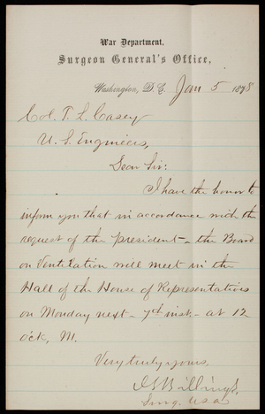 John Shaw Billings to Thomas Lincoln Casey, Januay 5, 1878