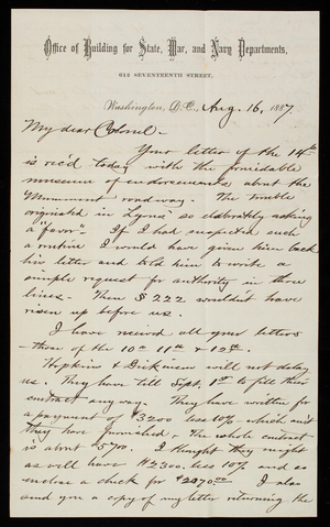 Bernard R. Green to Thomas Lincoln Casey, August 16, 1887