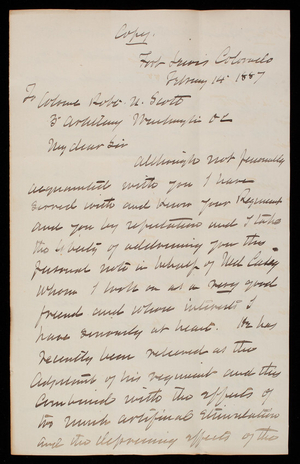 Dr. Cunningham to Colonel Robert N. Scott, February 14, 1887, copy