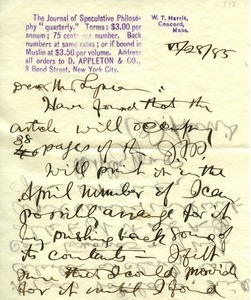 Letter from William Torrey Harris to Benjamin Smith Lyman