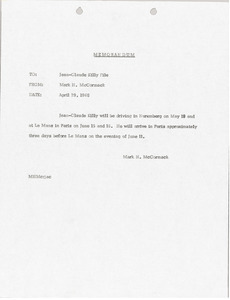 Memorandum from Mark H. McCormack to Jean-Claude Killy File