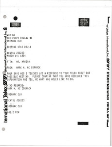 Telex printout from Mark H. McCormack to Toshio Mamiya