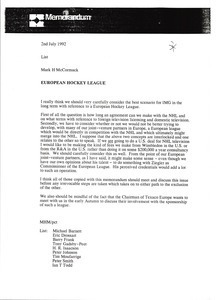 Memorandum from Mark H. McCormack concerning a European Hockey League