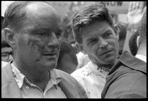 David Dellinger (left) and Staughton Lynd after being splashed with red paint by counter-protesters during the Assembly of Unrepresented People anti-war march