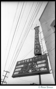 Neon sign outside the Winterland Ballroom advertising the 'marathon' by Ram Dass, Bhagavan Das, and Amazing Grace