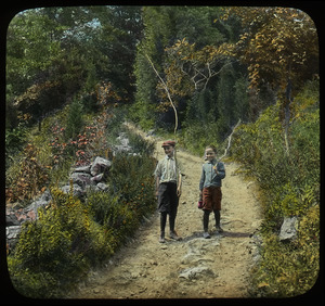 Going fishing, Mount Toby (two boys with branches walking on dirt path)