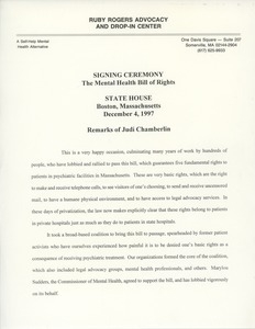 Signing Ceremony: The Mental Health Bill of Rights, Remarks of Judi Chamberlin