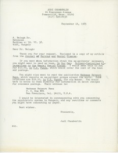 Letter from Judi Chamberlin to Balogh Ákos