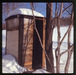 Outhouse in the snow, Montague Farm Commune