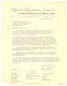 Letter from National Non-Partisan Committee for the Defense of the Rights of the 12 Communist Leaders to W. E. B. Du Bois