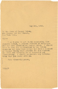 Letter from W. E. B. Du Bois to the Dean of Cooper Union for the Advancement of Science and Art
