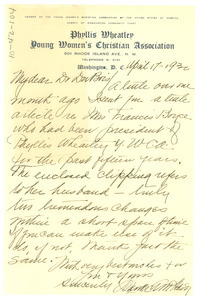 Letter from Phyllis Wheatley Y.W.C.A. to W. E. B. Du Bois