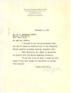 Letter from Boston Symphony Orchestra to W. E. B. Du Bois