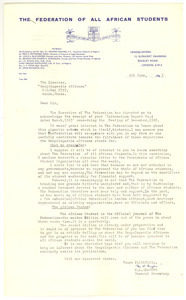 Letter from Federation of All African Students to W. E. B. Du Bois