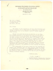 Letter from Unitarian Fellowship for Social Justice to W. E. B. Du Bois