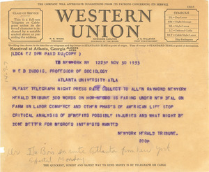 Telegram from New York Herald Tribune to W. E. B. Du Bois - Digital ...