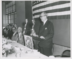 Jeremiah Milbank gives a speech at the 1957 Thumbs Up Awards event