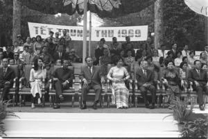 President Thien, Nguyen Cao Ky and Premier Tran van Khiem on reviewing stand, with wives.