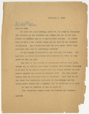 Letter from Laurence L. Doggett to Robert H. Mann (February 1, 1916)