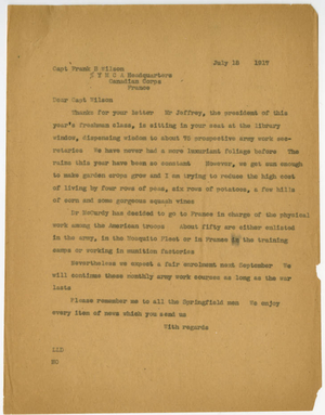 Letter from Laurence L. Doggett to Frank B. Wilson (July 18, 1917)