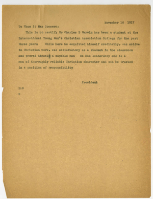 Letter from Laurence L. Doggett to Charles B. Marvin (November 16, 1917)