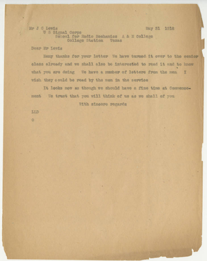 Letter from Laurence L. Doggett to John C. Lewis (May 31, 1918)