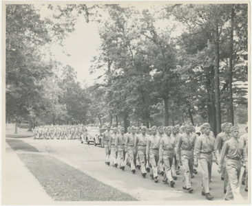 Army Air Corps trainees marching on the campus of Springfield College (May 1943)
