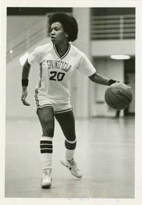 SC Basketball player, Sharon Price, dribbling the ball, ca. 1982