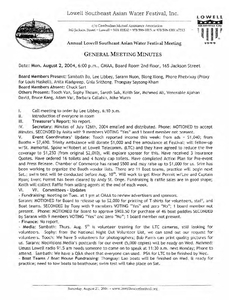 Lowell Southeast Asian Water Festival, Inc. General Meeting minutes, 2004-08-02