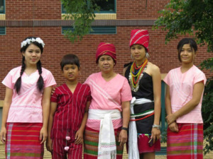 A photograph of the Meh family in traditional Karenni clothing in Lowell, Massachusetts, 2014