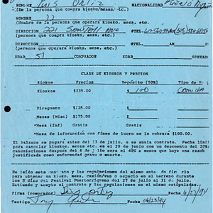 Form to reserve kiosks and tables for the Festival Puertorriqueño de Massachusetts, filled out by [L]uis Ortiz