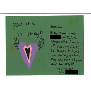 Card addressed to Jane Richard from a student at Arbor Hills Junior High School (Sylvania, Ohio)