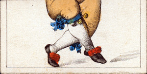 Mix and match game cards: male legs with orange pants, white stockings, and shoes with red bows of a jester