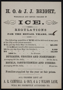 Trade card for H.O. & J.J. Bright, wholesale and retail dealers in ice, 1856