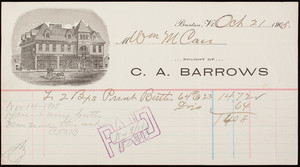 Billhead for C.A. Barrows, Owen's Block, Barton, Vermont, dated October 21, 1905