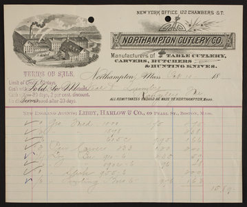 Billhead for the Northampton Cutlery Co., table cutlery, carvers, butchers & hunting knives, Northampton, Mass., dated October 10, 188?