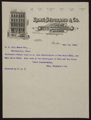 Letterhead for Dame, Stoddard & Co., cutlery, fishing tackle, photographic goods & skates, 374 Washington Street, Boston, Mass., dated October 18, 1902