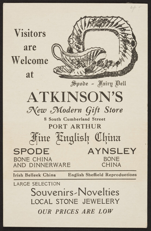 Trade card for Atkinson's New Modern Gift Store, china, souvenirs, novelties, 8 South Cumberland Street, Port Arthur, Ontario, Canada, undated