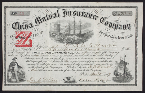 Certificate of profits, no. 131, for the China Mutual Insurance Company, Boston, Mass., dated January 15, 1887