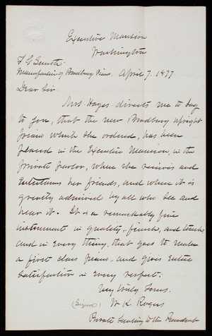 [William King] Rogers to [Freeborn] G. Smith, April 7, 1877, copy