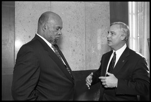 Jack Canfield (right, gesturing) with Bailey W. Jackson of the UMass Amherst School of Education