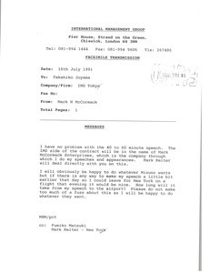 Fax from Mark H. McCormack to Takahiko Joyama