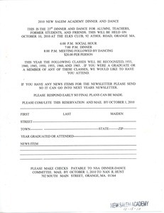 Invitation and reservation form for the 2010 dinner and dance for New Salem Academy.